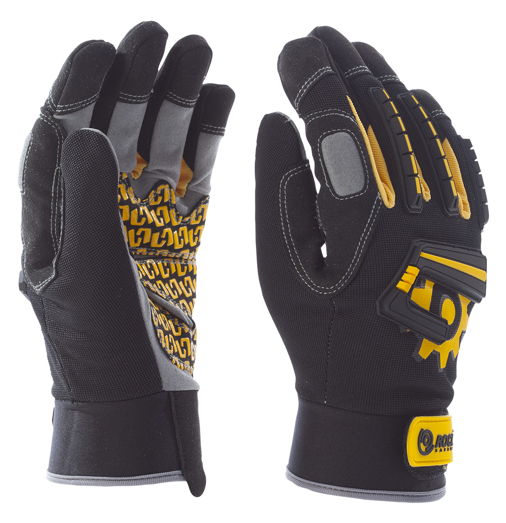 Mechanikai kesztyű, sárga, tenyérfolttal, beütődés elleni védelemmel