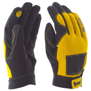 Mechanikai kesztyű, citromsárga-fekete,mágnesbetét a mutatóujjon és a kézháton